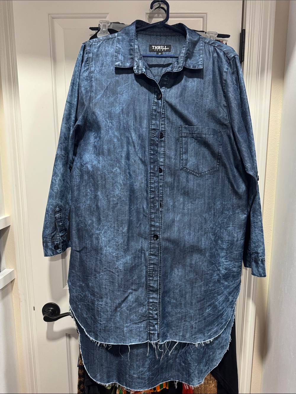 Thrill Washed Denim-Look Longline Button-Up Shirt - Blue